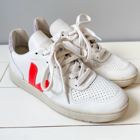 Veja x Madewell V10 Leather Sneakers Lilac with Neon Orange Size EU 37 US 6 - Picture 2 of 10